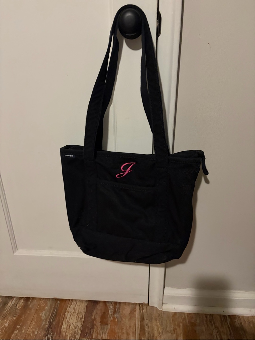 Lands End black medium zip top tote bag with long handles and inital embroidery